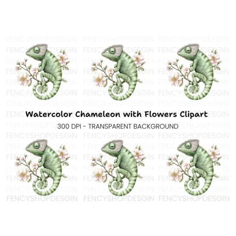 Chameleon on Branch with Pink Flowers Clipart Bundle