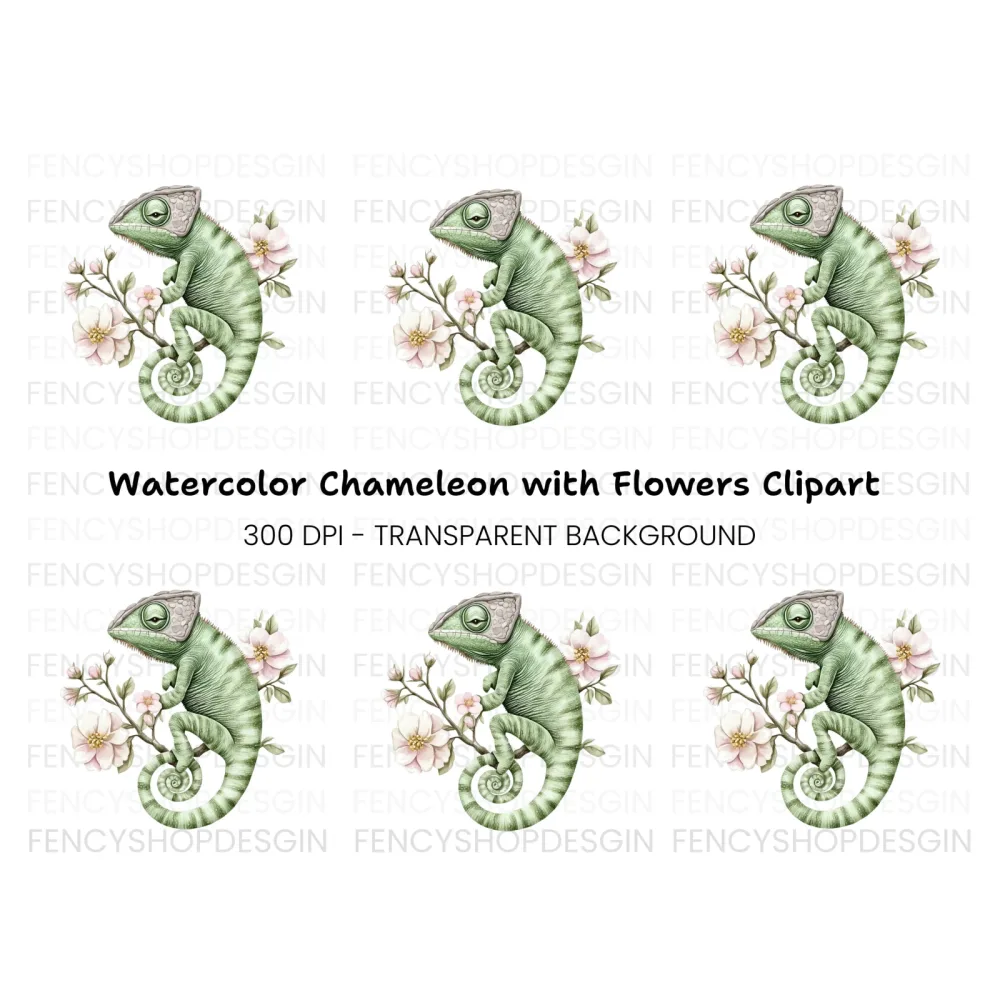 Chameleon on Branch with Pink Flowers Clipart Bundle