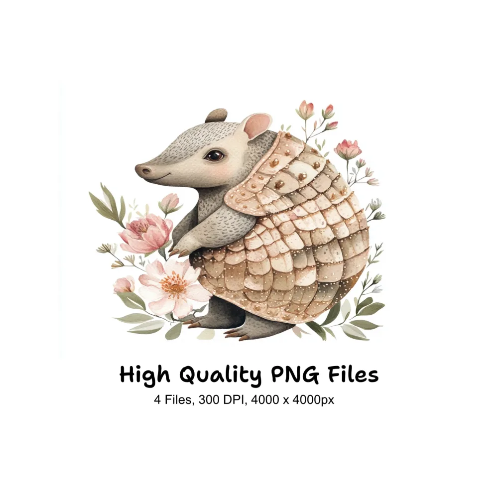 Cute Armadillo with Flowers Clipart Bundle