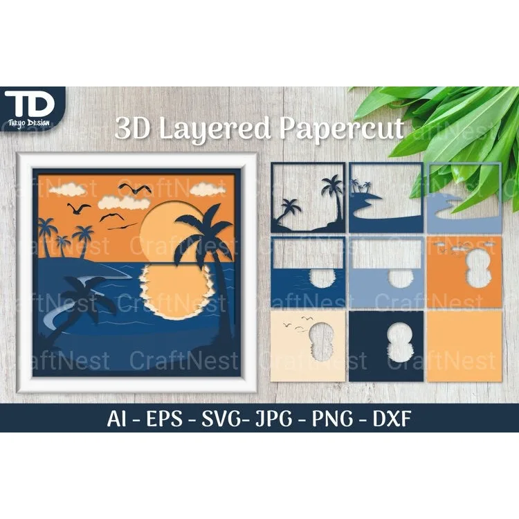Tropical Beach Sunset D Shadow Box Scene Papercut SVG