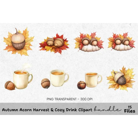 Autumn Acorn Harvest Cozy Drink Clipart Bundle