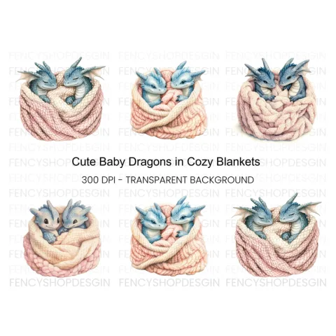 Cute Baby Dragons in Knitted Blanket Clipart Bundle