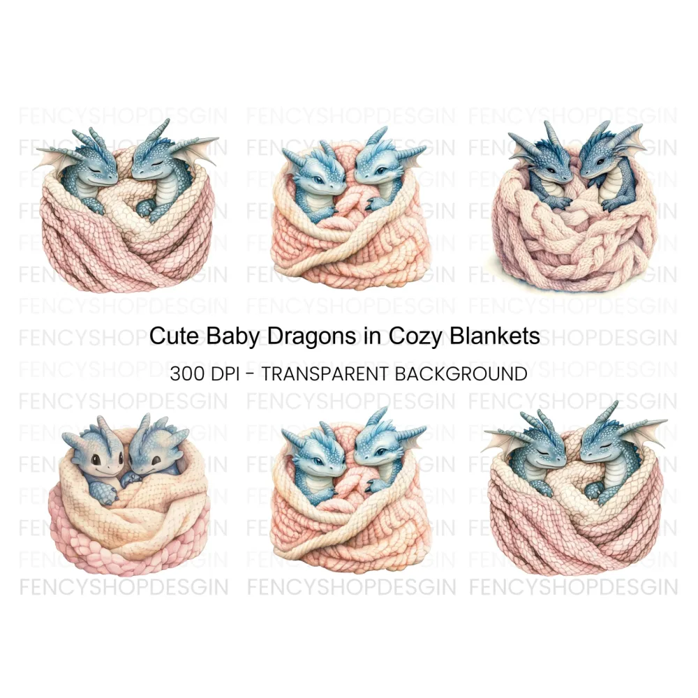Cute Baby Dragons in Knitted Blanket Clipart Bundle