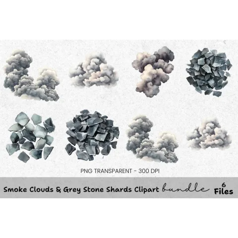 Smoke Clouds Grey Stone Shards Clipart Bundle
