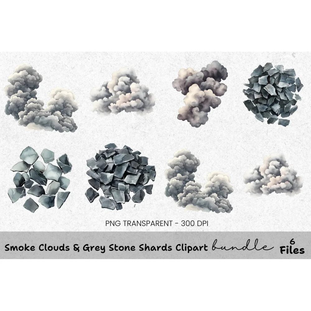 Smoke Clouds Grey Stone Shards Clipart Bundle