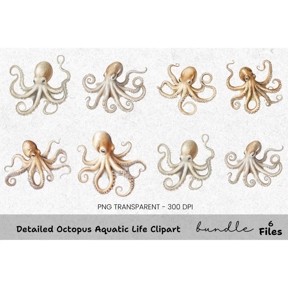 Detailed Octopus Aquatic Life Clipart Bundle