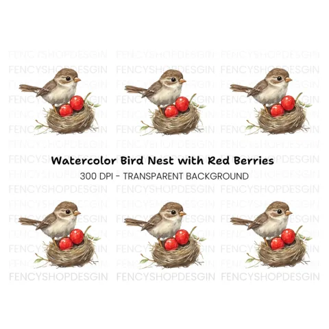 Cute Bird in Nest with Red Berries Clipart Bundle