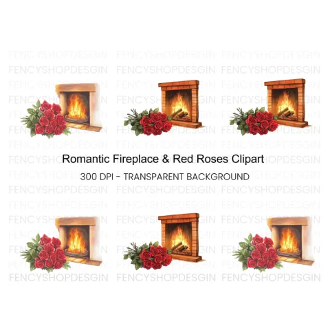 Cozy Fireplace with Red Roses Clipart Bundle