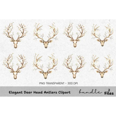 Elegant Deer Head Antlers Clipart Bundle