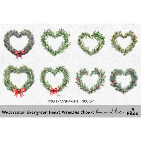 Evergreen Heart Wreaths Clipart Bundle