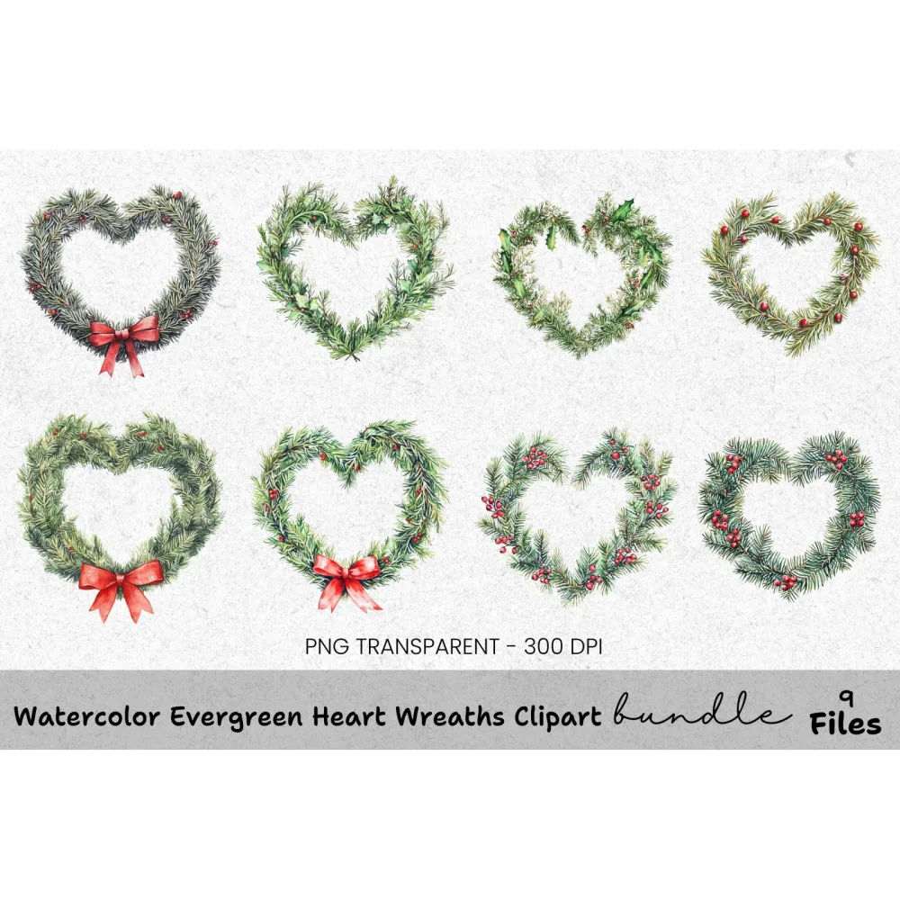 Evergreen Heart Wreaths Clipart Bundle