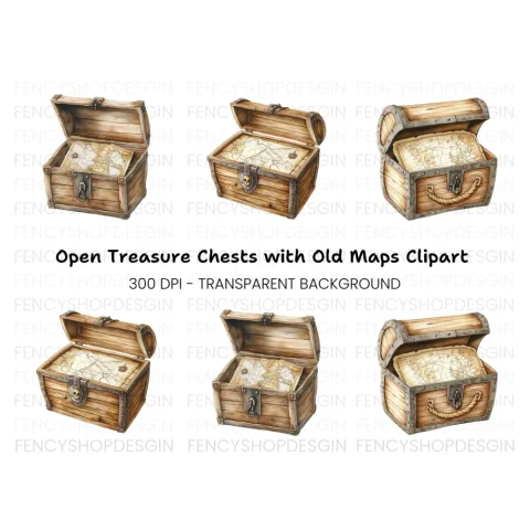 Pirate Treasure Chest with Map Clipart Bundle