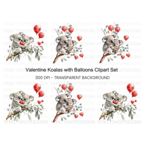 Koala Couple with Red Balloons Clipart Bundle