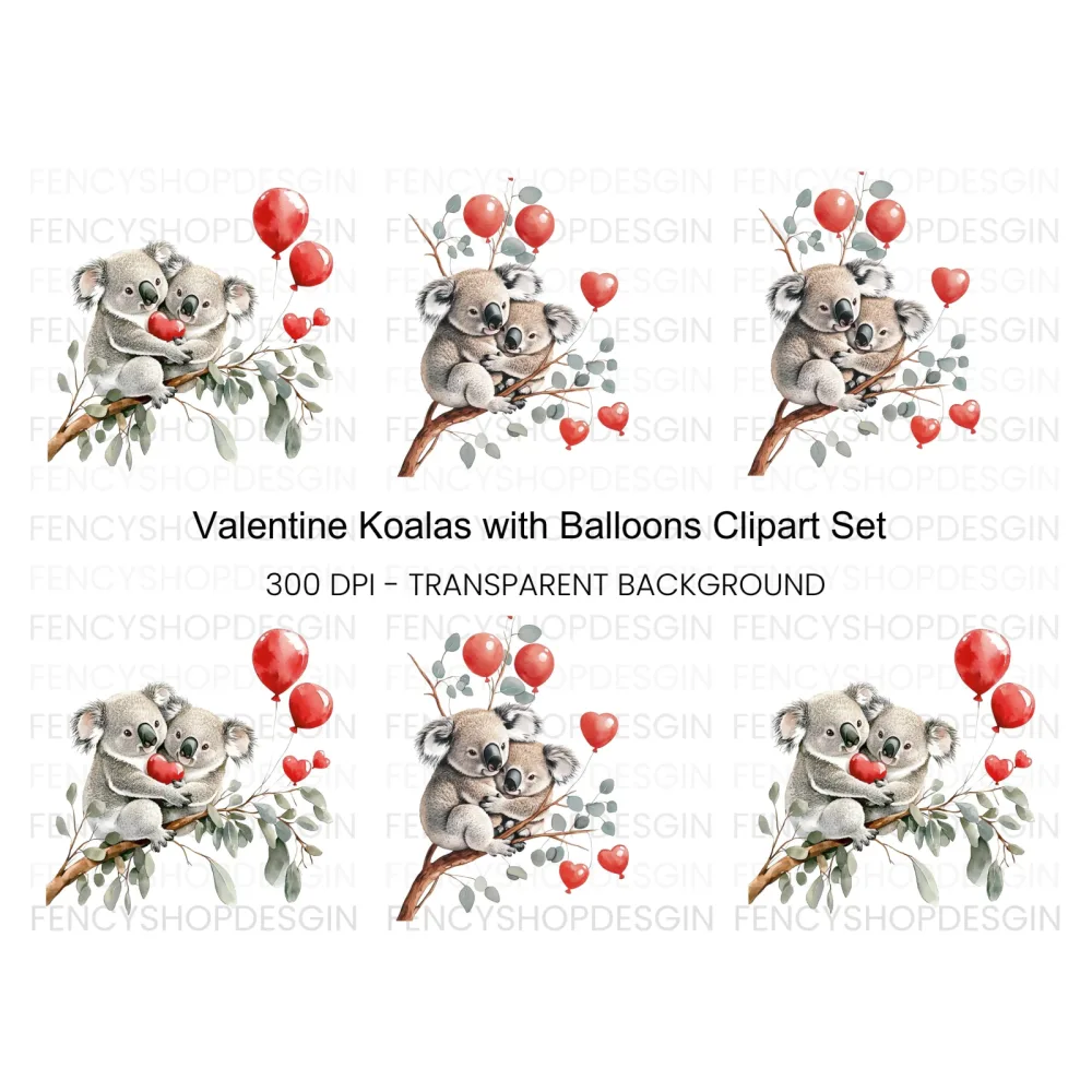 Koala Couple with Red Balloons Clipart Bundle