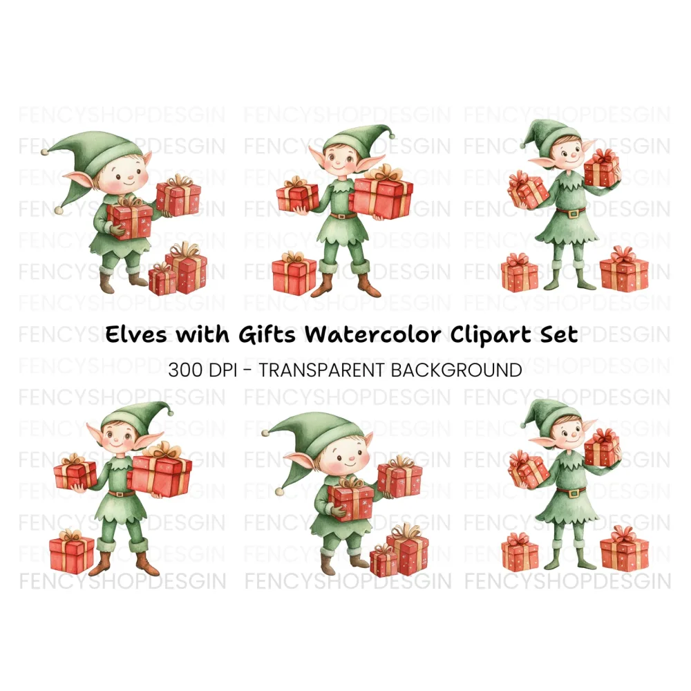 Christmas Elf with Gifts Clipart Bundle