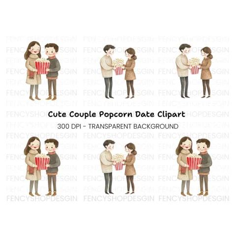 Cute Couple Sharing Popcorn Clipart Bundle