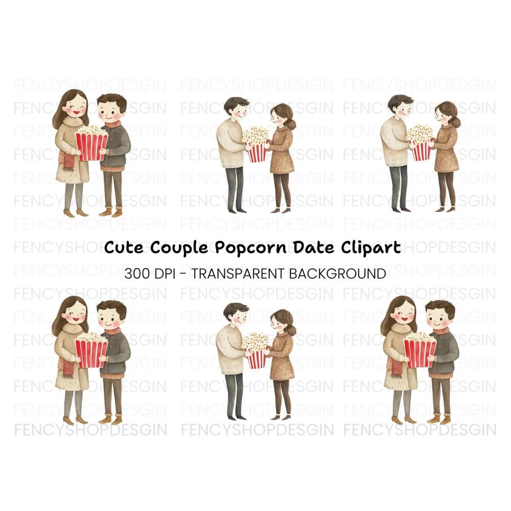 Cute Couple Sharing Popcorn Clipart Bundle