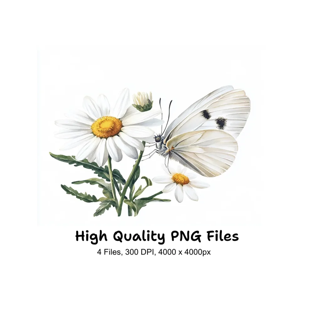 White Butterflies and Daisies Clipart Bundle
