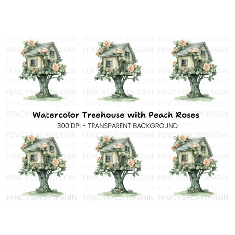 Charming Treehouse with Peach Roses Clipart Bundle
