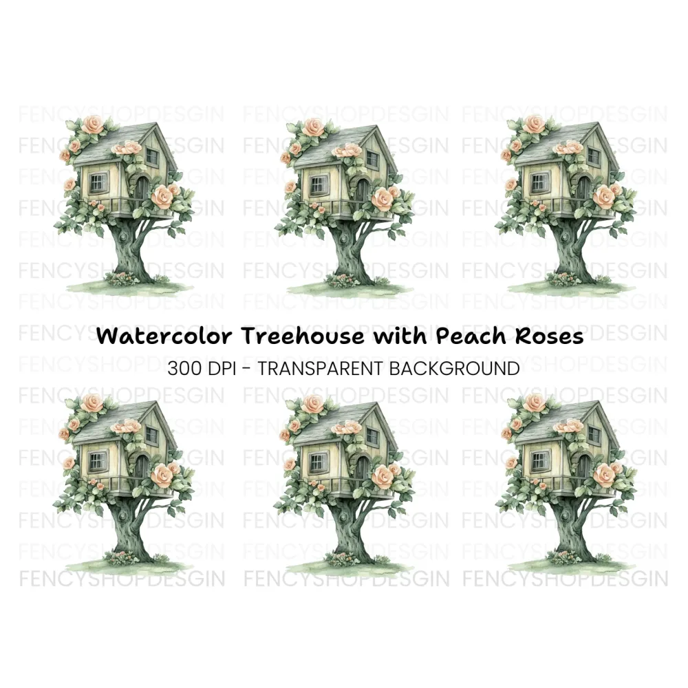 Charming Treehouse with Peach Roses Clipart Bundle