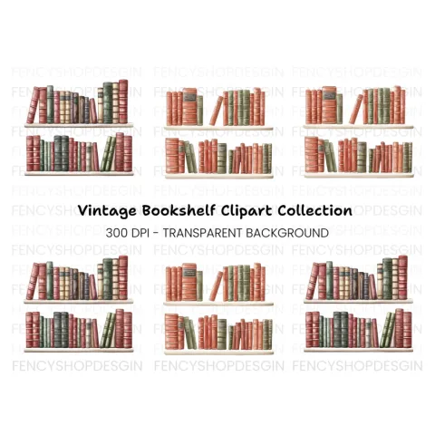 Vintage Bookshelf Clipart Bundle