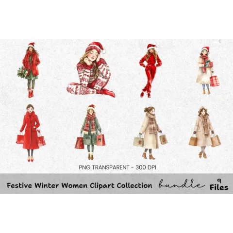 Festive Winter Women Clipart Bundle