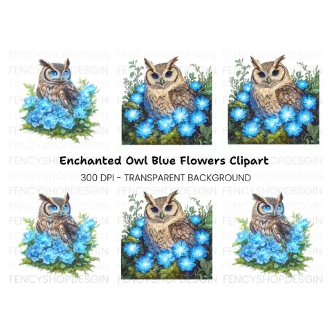 Enchanted Owl with Glowing Blue Flowers Clipart Bundle