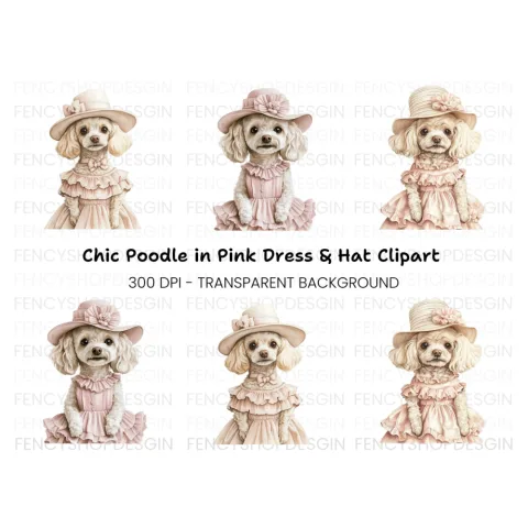 Elegant Poodle Dogs in Pink Dresses Clipart Bundle