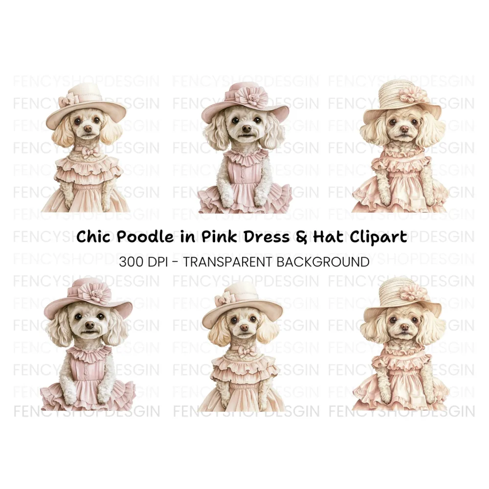 Elegant Poodle Dogs in Pink Dresses Clipart Bundle