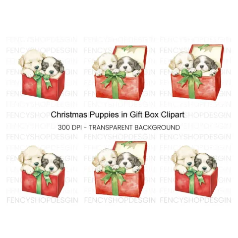 Puppies in Gift Box Clipart Bundle