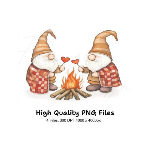 Gnomes by Campfire with Hearts Clipart Bundle