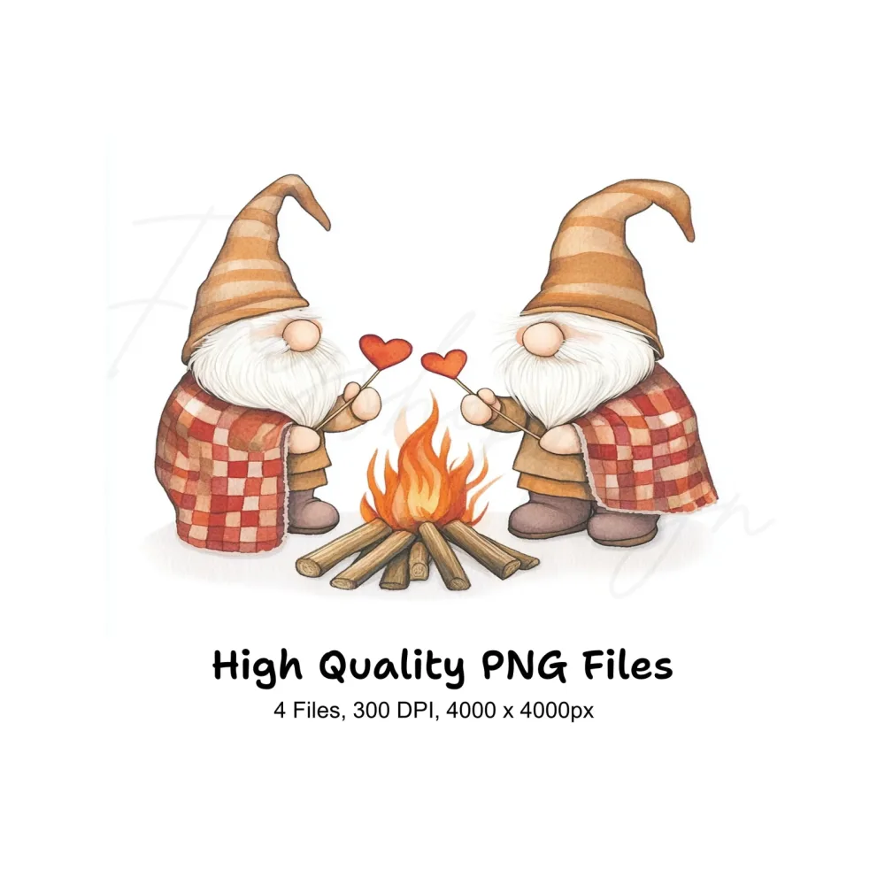 Gnomes by Campfire with Hearts Clipart Bundle
