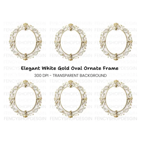 White Gold Ornate Oval Frame Clipart Bundle