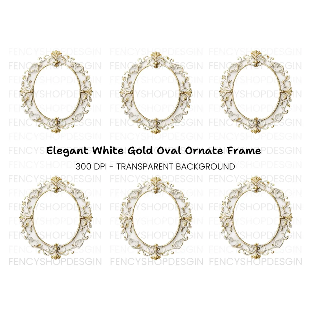 White Gold Ornate Oval Frame Clipart Bundle