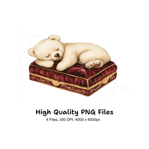 Sleeping Teddy Bear on Velvet Box Clipart Bundle