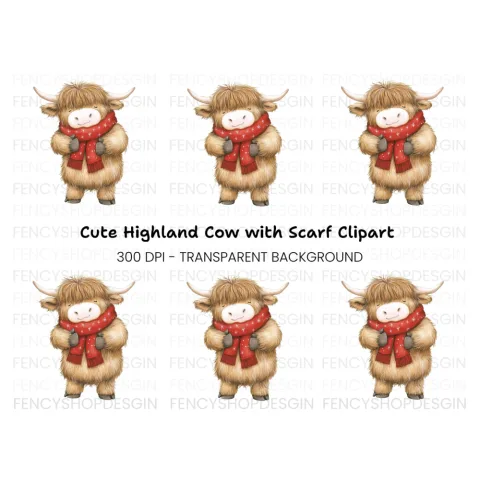 Cute Highland Cow with Scarf Clipart Bundle