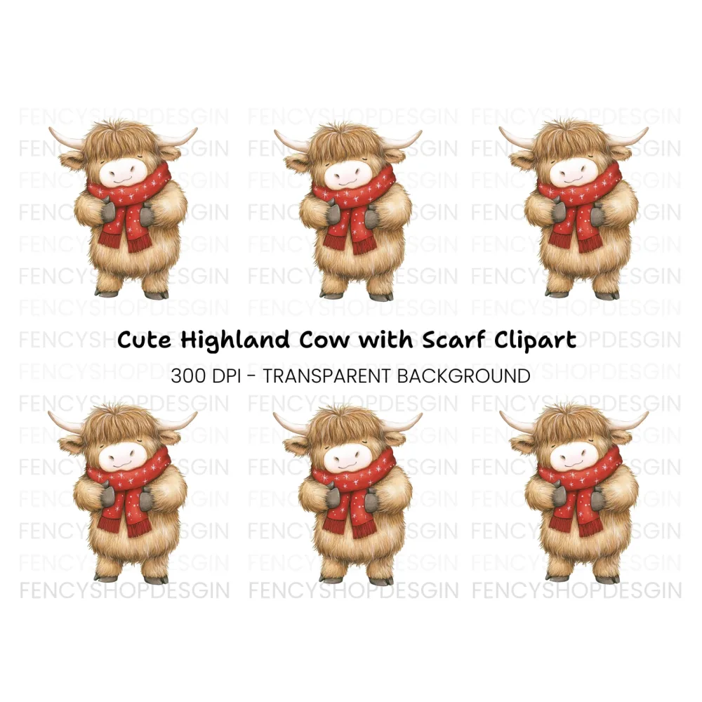 Cute Highland Cow with Scarf Clipart Bundle