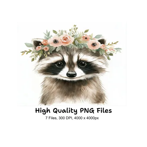 Cute Raccoon Flower Crown Clipart Bundle