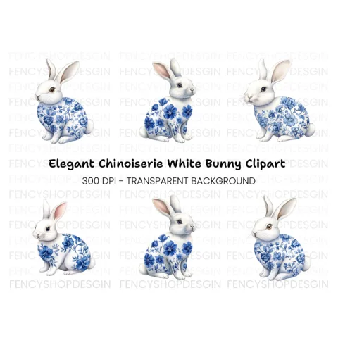 Blue and White Floral Bunny Clipart Bundle
