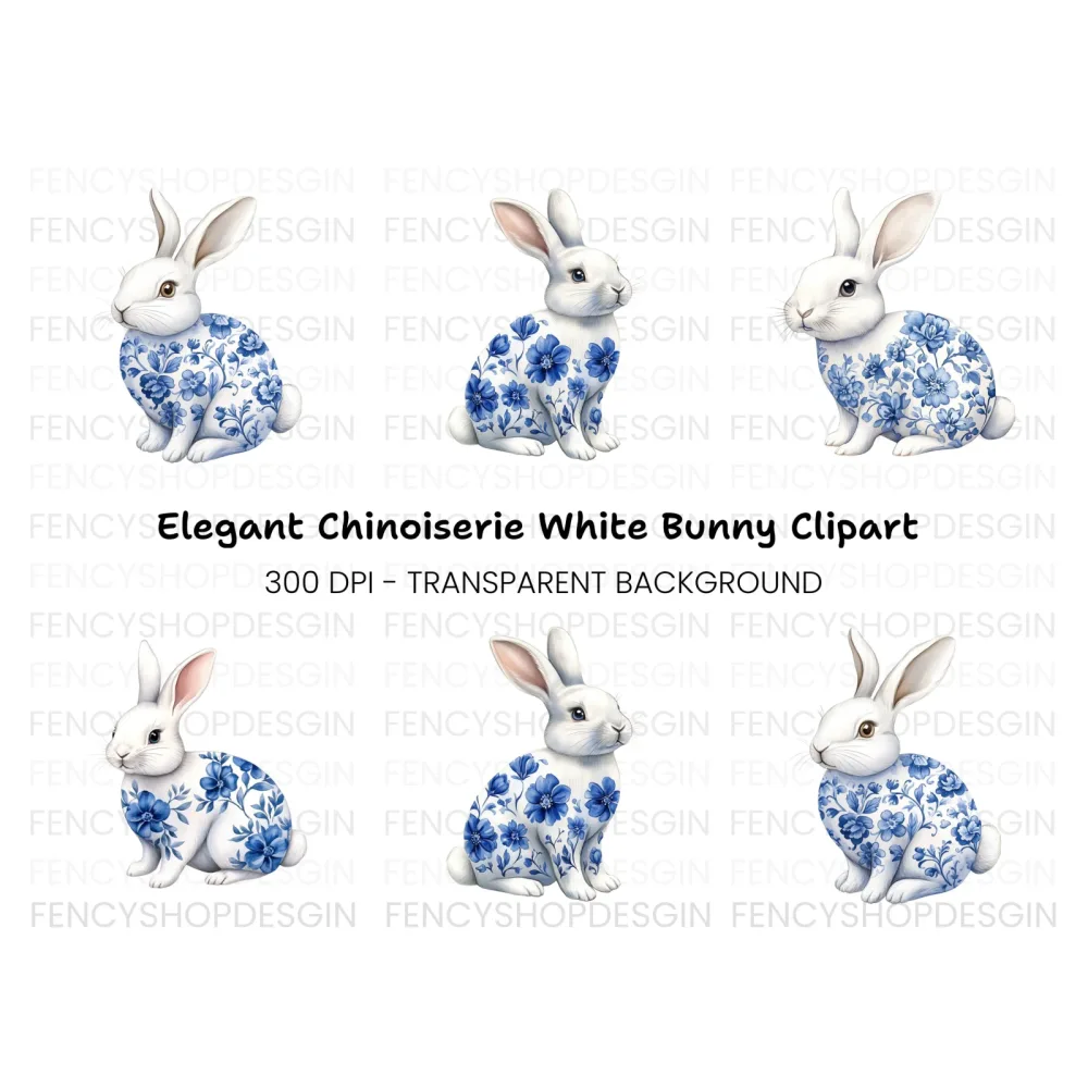 Blue and White Floral Bunny Clipart Bundle