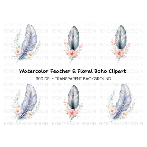 Boho Feather and Floral Clipart Bundle