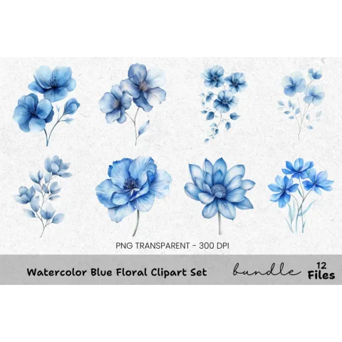 Blue Floral Clipart Bundle