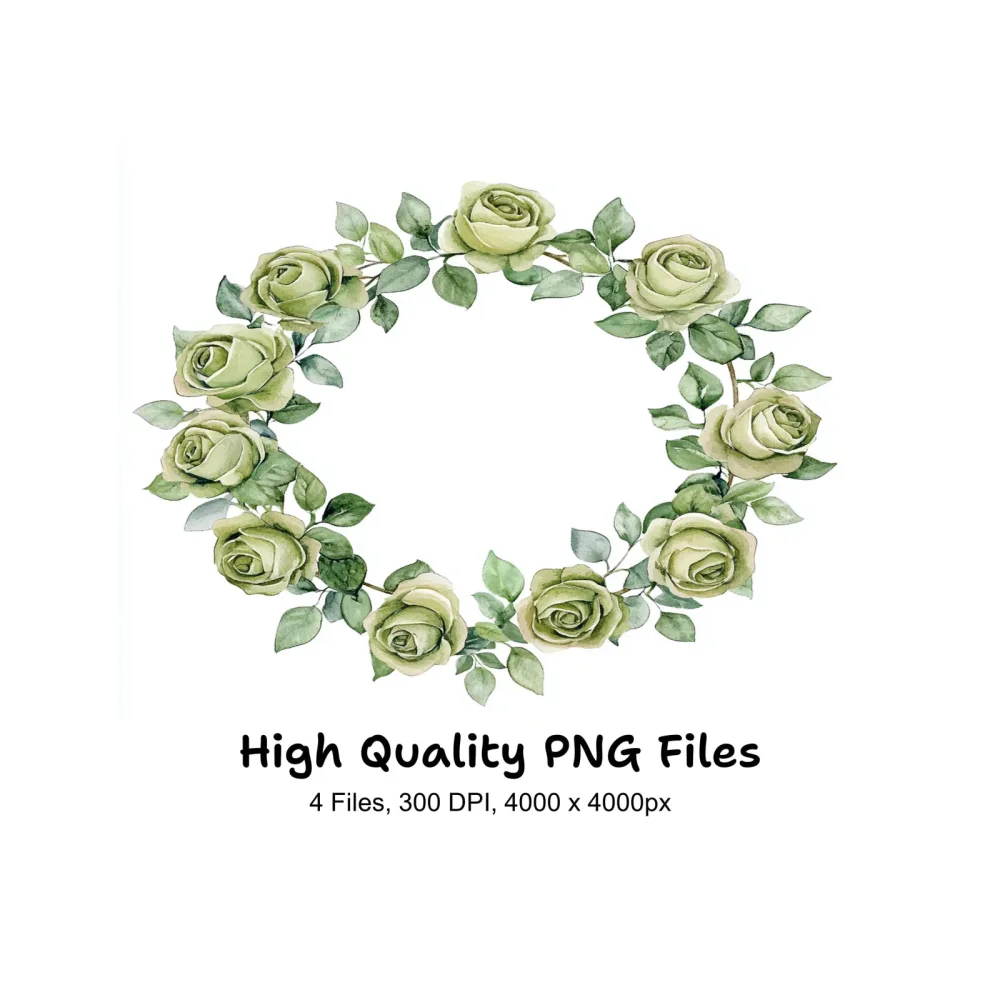 Green Rose Wreath Clipart Bundle