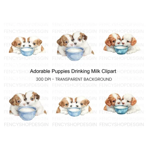 Adorable Puppy Pairs Drinking Milk Clipart Bundle