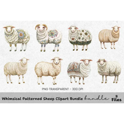 Whimsical Patterned Sheep Clipart Bundle
