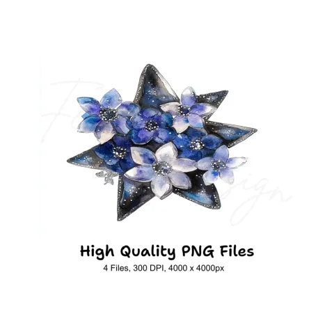 Celestial Blue Floral Star Clipart Bundle