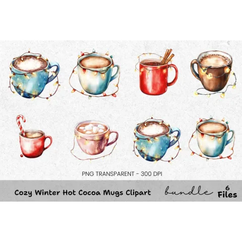 Hot Chocolate Mugs with Lights Clipart Bundle