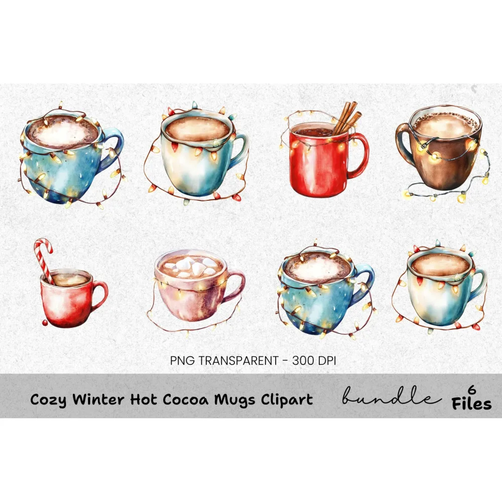 Hot Chocolate Mugs with Lights Clipart Bundle