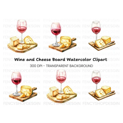 Red Wine and Cheese Board Clipart Bundle