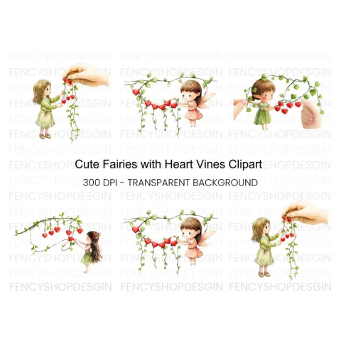 Cute Fairies with Heart Vines Clipart Bundle